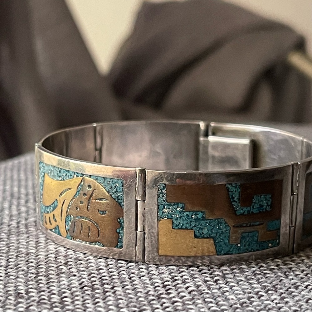 Taxco Mexico 925 Sterling Silver Mixed Metal Crushed Turquoise Inlay Bracelet